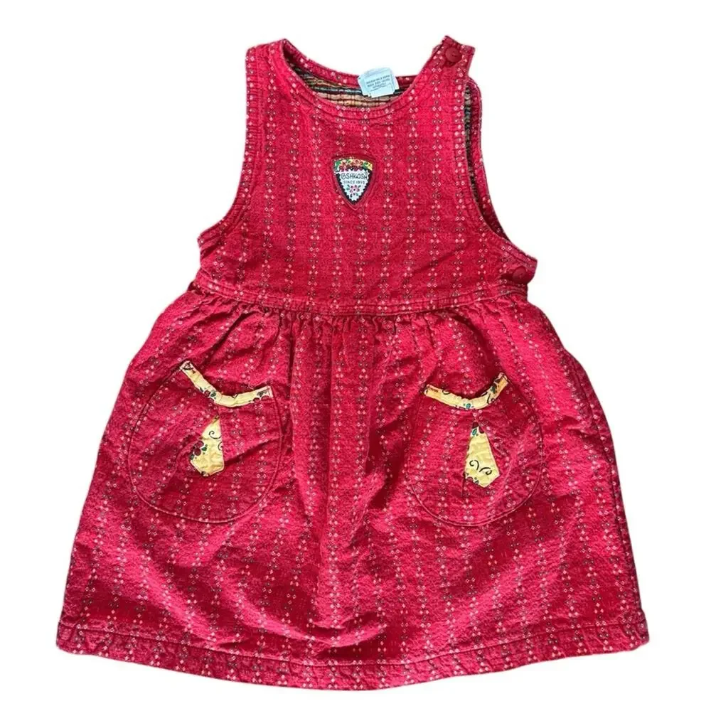 Vintage OshKosh B’Gosh Girls’ Heavy Woven Dress Red Yellow Pockets Size 4